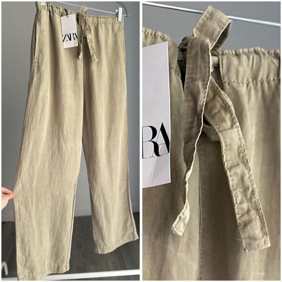 NWT ZARA ZW COLLECTION PAJAMA PANTS LIGHT KHAKI GREEN SMALL - Picture 5 of 16